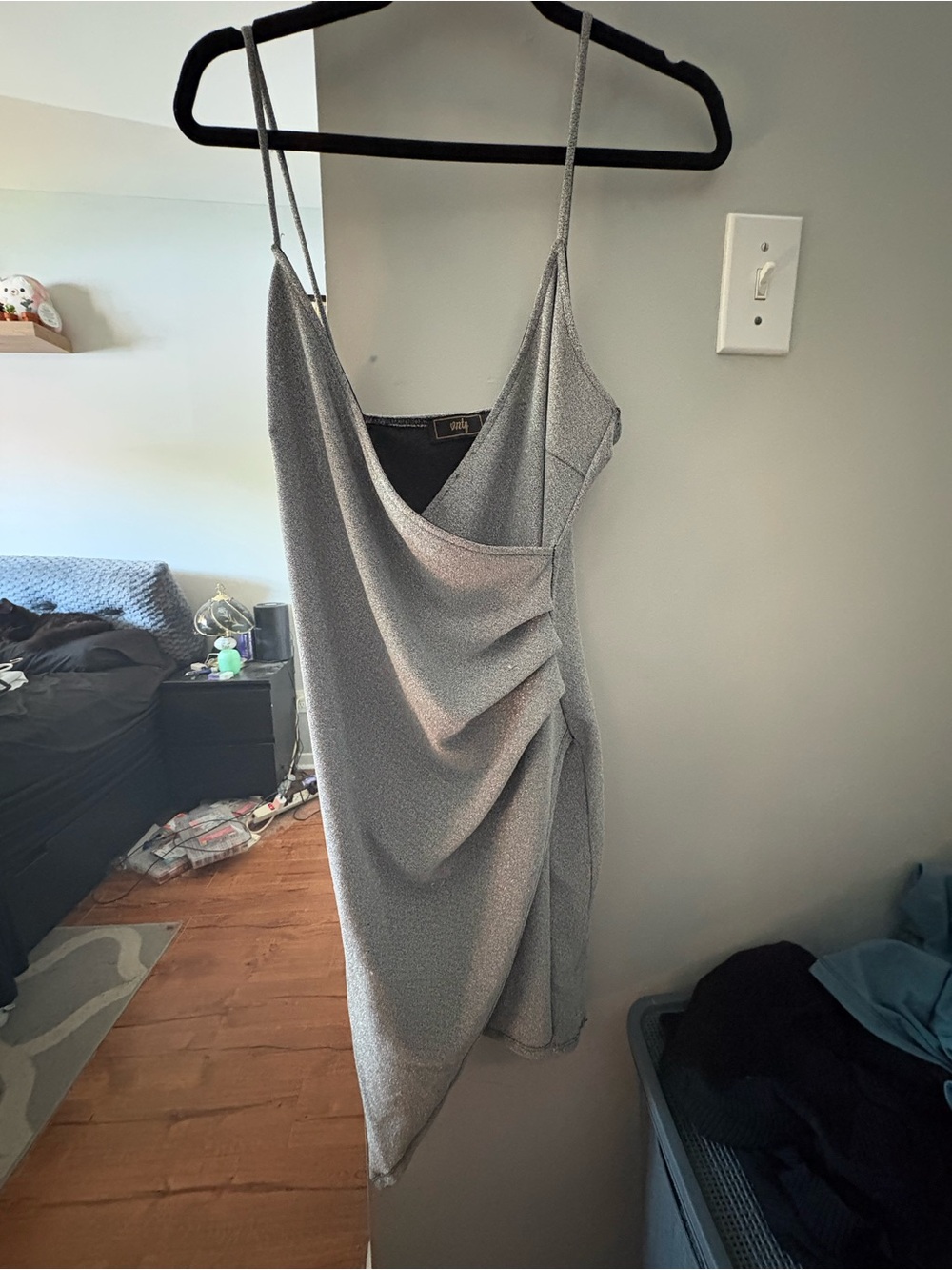 Silver Cowl Mini Dress with Spaghetti Straps